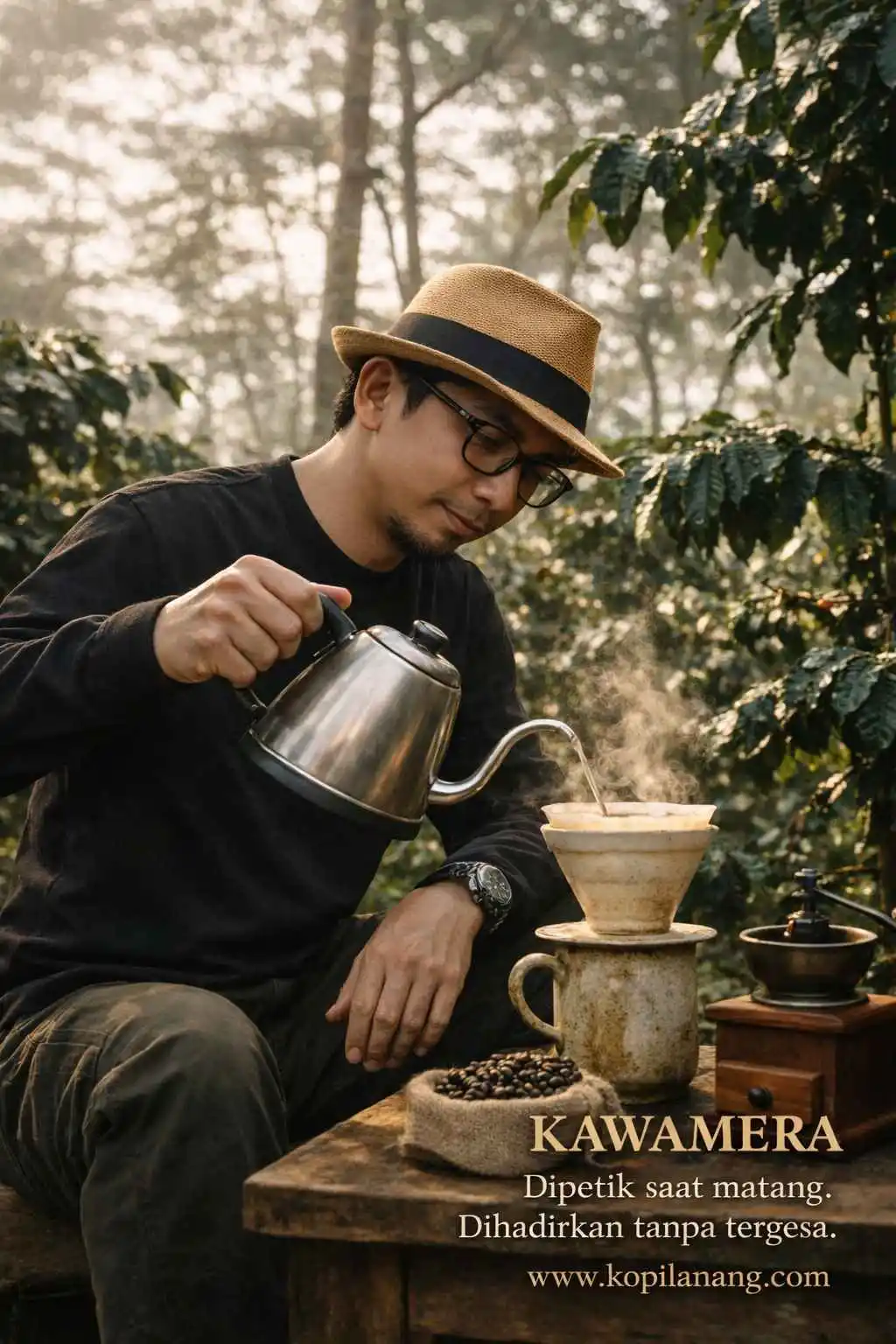 Barista menyeduh Kopi Lanang Kawamera dengan metode V60